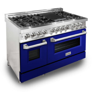 ZLINE 48 in. Fingerprint Resistant Stainless Steel 6.0 cu.ft. 7 Gas Burner/Electric Oven Range with Blue Gloss Door (RAS-BG-48)