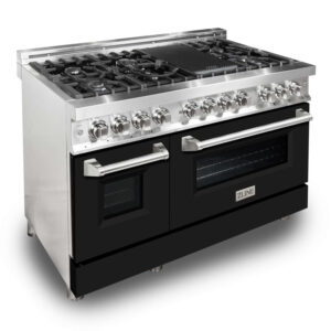 ZLINE 48 in. Fingerprint Resistant Stainless Steel 6.0 cu.ft. 7 Gas Burner/Electric Oven Range with Black Matte Door (RAS-BLM-48)