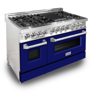 ZLINE 48 in. Fingerprint Resistant Stainless Steel 6.0 cu.ft. 7 Gas Burner/Electric Oven Range with Blue Matte Door (RAS-BM-48)
