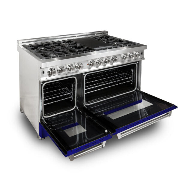 ZLINE 48 in. Fingerprint Resistant Stainless Steel 6.0 cu.ft. 7 Gas Burner/Electric Oven Range with Blue Matte Door (RAS-BM-48) - Image 2