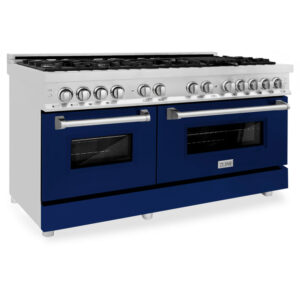 ZLINE 60 in. 7.4 cu. ft. Dual Fuel Range with Gas Stove and Electric Oven in Fingerprint Resistant Stainless Steel and Blue Gloss Door (RAS-BG-60)