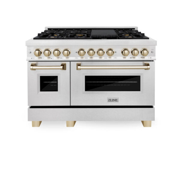 ZLINE Autograph Edition 48 in. 6.0 cu. ft. Dual Fuel Range with Gas Stove and Electric Oven in DuraSnow Stainless Steel with Polished Gold Accents (RASZ-SN-48-G) - Image 8