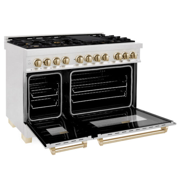ZLINE Autograph Edition 48 in. 6.0 cu. ft. Dual Fuel Range with Gas Stove and Electric Oven in DuraSnow Stainless Steel with Polished Gold Accents (RASZ-SN-48-G) - Image 4