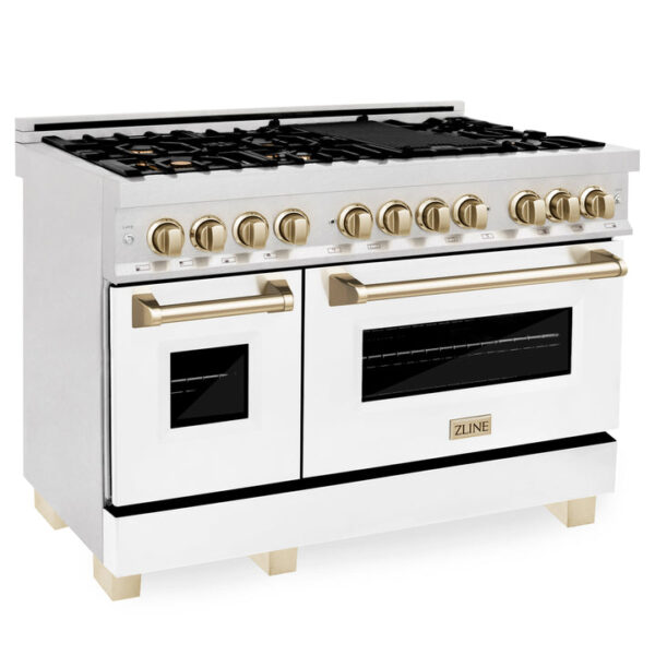 ZLINE Autograph Edition 48 in. 6.0 cu. ft. Dual Fuel Range with Gas Stove and Electric Oven in Stainless Steel with White Matte Door and Champagne Bronze Accents (RAZ-WM-48-CB)