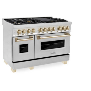 ZLINE Autograph Edition 48 in. 6.0 cu. ft. Dual Fuel Range with Gas Stove and Electric Oven in Stainless Steel with White Matte Door and Polished Gold Accents (RAZ-WM-48-G)
