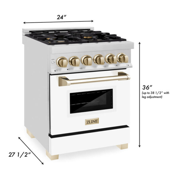 ZLINE Autograph Edition 24 in. 2.8 cu. ft. Dual Fuel Range with Gas Stove and Electric Oven in Stainless Steel with White Matte Door and Polished Gold Accents (RAZ-WM-24-G) - Image 3