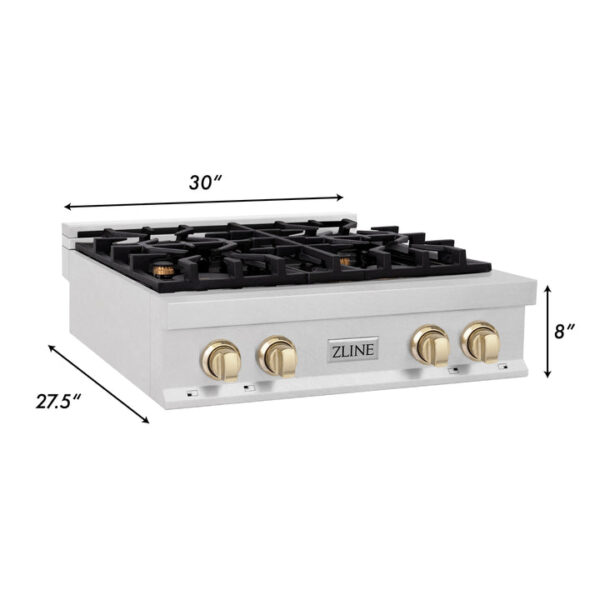 ZLINE Autograph Edition 30 in. Porcelain Rangetop with 4 Gas Burners in DuraSnow Stainless Steel with Polished Gold Accents (RTSZ-30-G) - Image 5