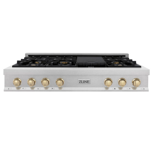 ZLINE Autograph Edition 48 in. Porcelain Rangetop with 7 Gas Burners in DuraSnow Stainless Steel and Polished Gold Accents (RTSZ-48-G) - Image 9