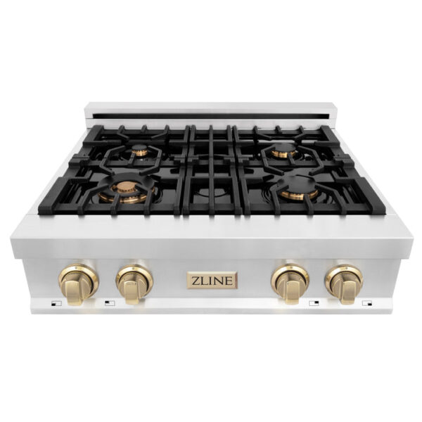 ZLINE Autograph Edition 30 in. Porcelain Rangetop with 4 Gas Burners in Stainless Steel and Polished Gold Accents (RTZ-30-G) - Image 11