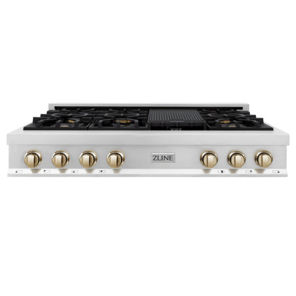 ZLINE Autograph Edition 48 in. Porcelain Rangetop with 7 Gas Burners in Stainless Steel with Polished Gold Accents (RTZ-48-G) - Image 8