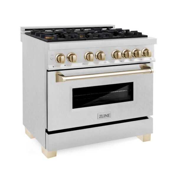 ZLINE Autograph Edition 36 in. 4.6 cu. ft. Dual Fuel Range with Gas Stove and Electric Oven in Stainless Steel with Champagne Bronze Accents (RAZ-36-CB)