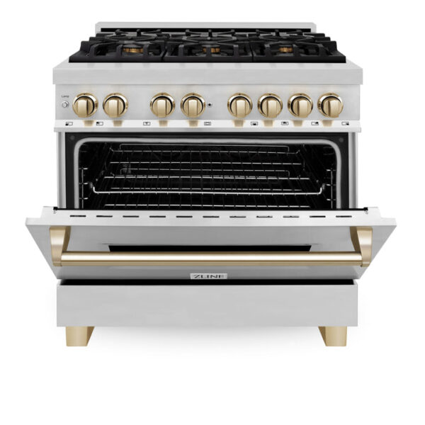 ZLINE Autograph Edition 36 in. 4.6 cu. ft. Dual Fuel Range with Gas Stove and Electric Oven in Stainless Steel with Polished Gold Accents (RAZ-36-G) - Image 3