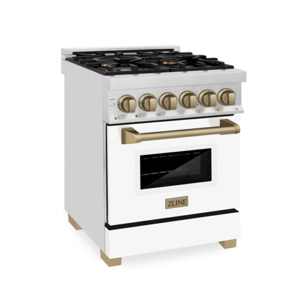 ZLINE Autograph Edition 24 in. 2.8 cu. ft. Range with Gas Stove and Gas Oven in Stainless Steel with White Matte Door and Champagne Bronze Accents (RGZ-WM-24-CB)