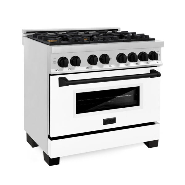 ZLINE Autograph Edition 36 in. 4.6 cu. ft. Dual Fuel Range with Gas Stove and Electric Oven in Stainless Steel with White Matte Door and Matte Black Accents (RAZ-WM-36-MB)