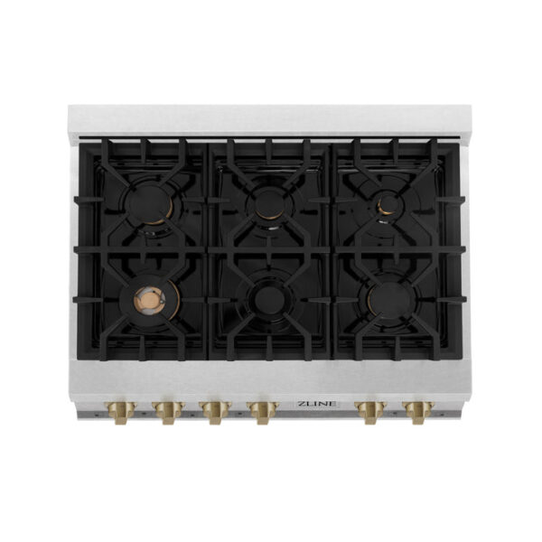 ZLINE Autograph Edition 36 in. Porcelain Rangetop with 6 Gas Burners in DuraSnow Stainless Steel with Champagne Bronze Accents (RTSZ-36-CB) - Image 6