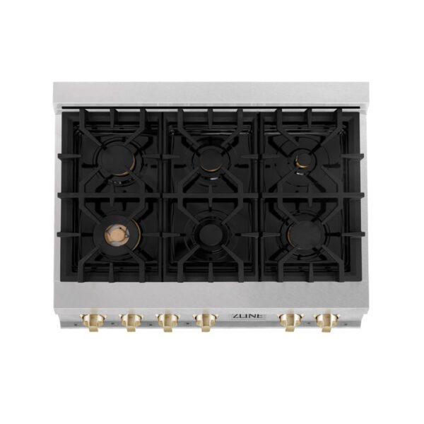 ZLINE Autograph Edition 36 in. Porcelain Rangetop with 6 Gas Burners in DuraSnow Stainless Steel with Polished Gold Accents (RTSZ-36-G) - Image 9