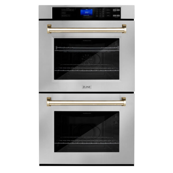 ZLINE 30 in. Autograph Edition Electric Double Wall Oven with Self Clean and True Convection in DuraSnow Stainless Steel and Polished Gold Accents (AWDSZ-30-G)