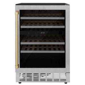 ZLINE 24 in. Monument Autograph Edition Dual Zone 44-Bottle Wine Cooler in Stainless Steel with Polished Gold Accents (RWVZ-UD-24-G)