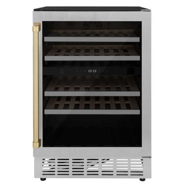 ZLINE 24 in. Monument Autograph Edition Dual Zone 44-Bottle Wine Cooler in Stainless Steel with Polished Gold Accents (RWVZ-UD-24-G)