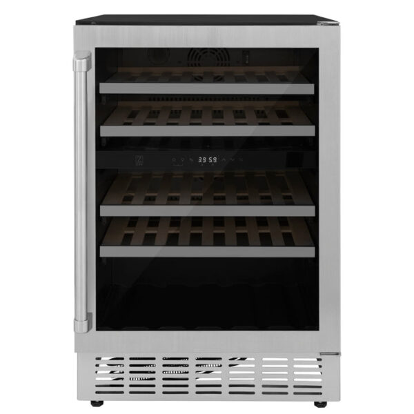 ZLINE 24 In. Monument Dual Zone 44-Bottle Wine Cooler in Stainless Steel with Wood Shelf (RWV-UD-24)