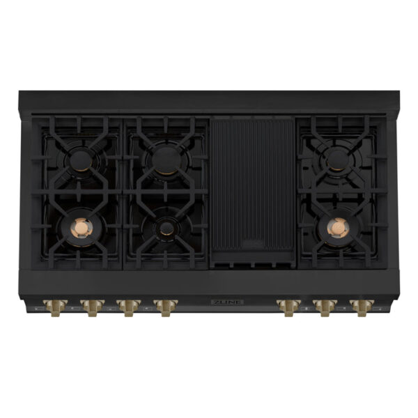 ZLINE Autograph Edition 48 in. Porcelain Rangetop with 7 Gas Burners in Black Stainless Steel and Champagne Bronze Accents (RTBZ-48-CB) - Image 9