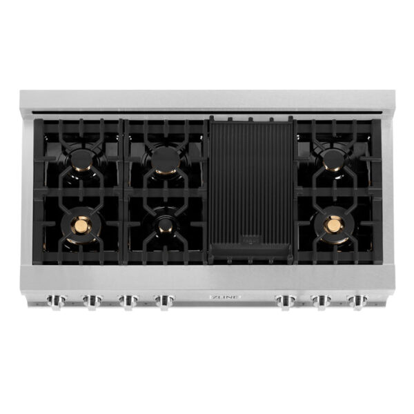 ZLINE 48 in. Porcelain Gas Stovetop in DuraSnow Stainless Steel with 7 Gas Burners with Brass Burners and Griddle (RTS-BR-48) - Image 8