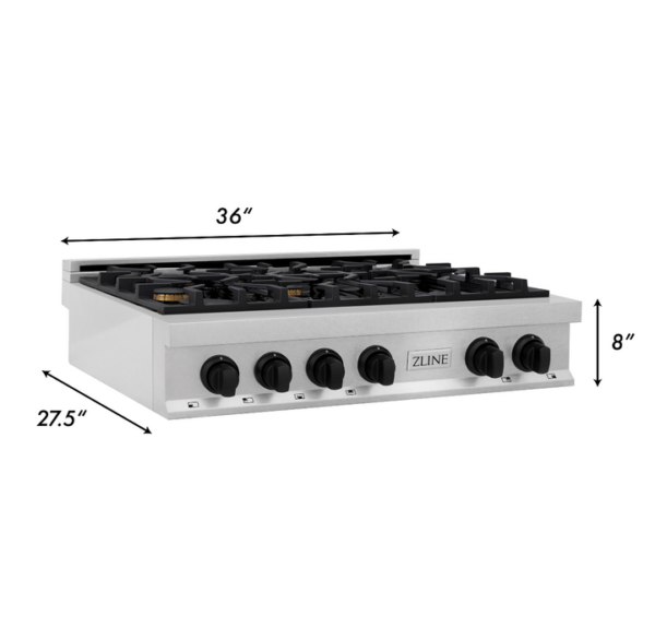 ZLINE Autograph Edition 36 in. Porcelain Rangetop with 6 Gas Burners in DuraSnow Stainless Steel with Matte Black Accents (RTSZ-36-MB) - Image 3
