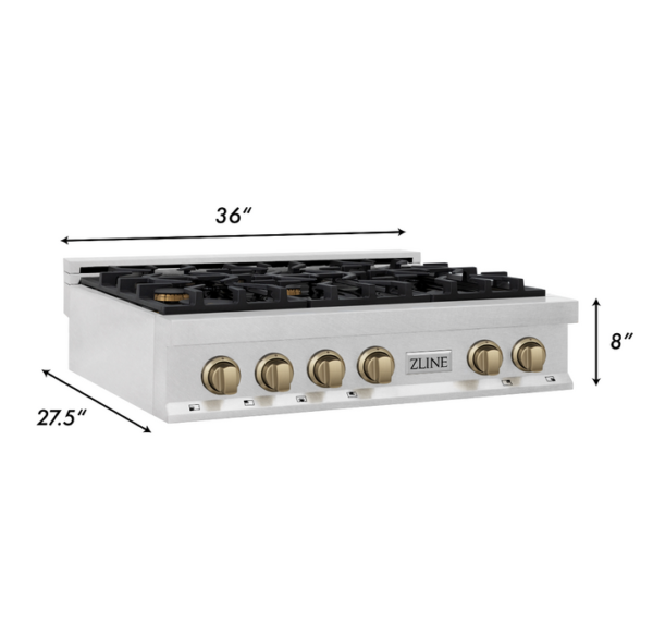 ZLINE Autograph Edition 36 in. Porcelain Rangetop with 6 Gas Burners in DuraSnow Stainless Steel with Champagne Bronze Accents (RTSZ-36-CB) - Image 4