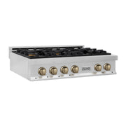 ZLINE Autograph Edition 36 in. Porcelain Rangetop with 6 Gas Burners in Black Stainless Steel and Champagne Bronze Accents (RTBZ-36-CB)