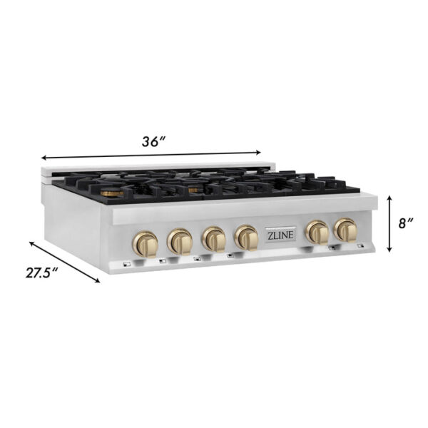 ZLINE Autograph Edition 36 in. Porcelain Rangetop with 6 Gas Burners in Stainless Steel with Polished Gold Accents (RTZ-36-G) - Image 5