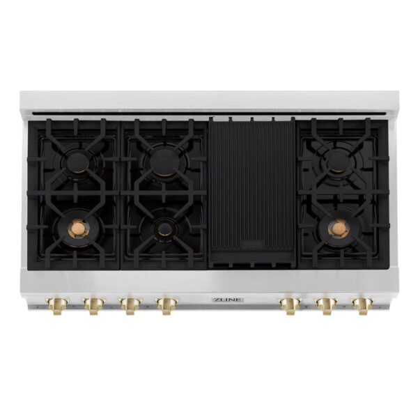 ZLINE Autograph Edition 48 in. Porcelain Rangetop with 7 Gas Burners in Stainless Steel with Polished Gold Accents (RTZ-48-G) - Image 9
