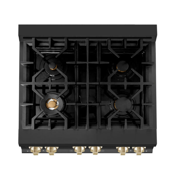 ZLINE Autograph Edition 30 in. 4.0 cu. ft. Dual Fuel Range with Gas Stove and Electric Oven in Black Stainless Steel with Polished Gold Accents (RABZ-30-G) - Image 5