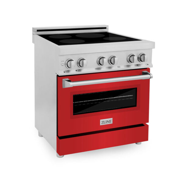 ZLINE 30 in. 4.0 cu. ft. Dual Fuel Range with Gas Stove and Electric Oven in Stainless Steel with Red Matte Door (RA-RM-30)