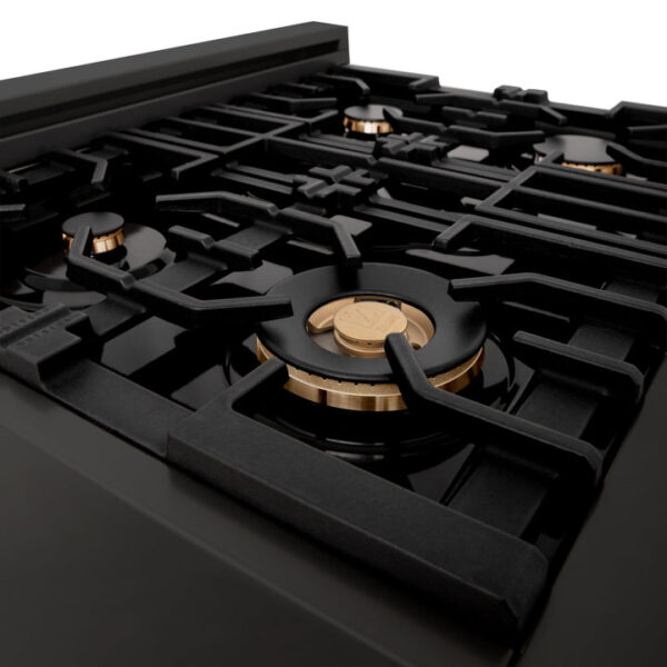 ZLINE Autograph Edition 30 in. Porcelain Rangetop with 4 Gas Burners in Black Stainless Steel and Polished Gold Accents (RTBZ-30-G) - Image 6