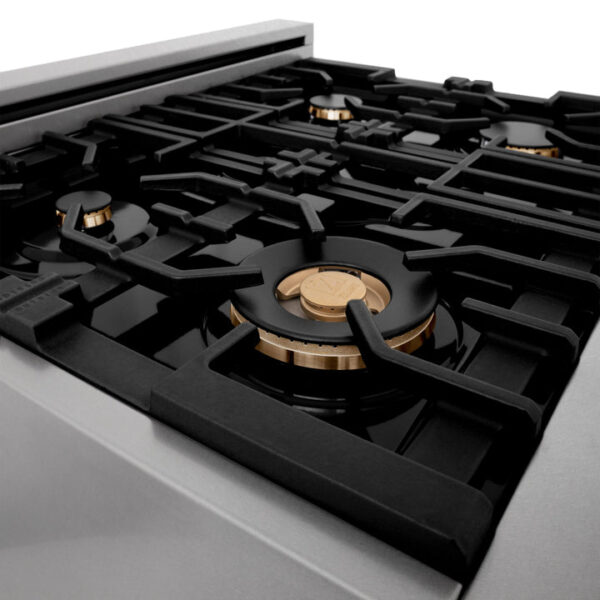ZLINE Autograph Edition 30 in. Porcelain Rangetop with 4 Gas Burners in DuraSnow Stainless Steel with Polished Gold Accents (RTSZ-30-G) - Image 6