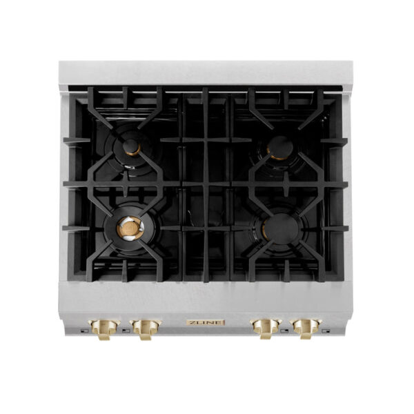 ZLINE Autograph Edition 30 in. Porcelain Rangetop with 4 Gas Burners in DuraSnow Stainless Steel with Polished Gold Accents (RTSZ-30-G) - Image 10