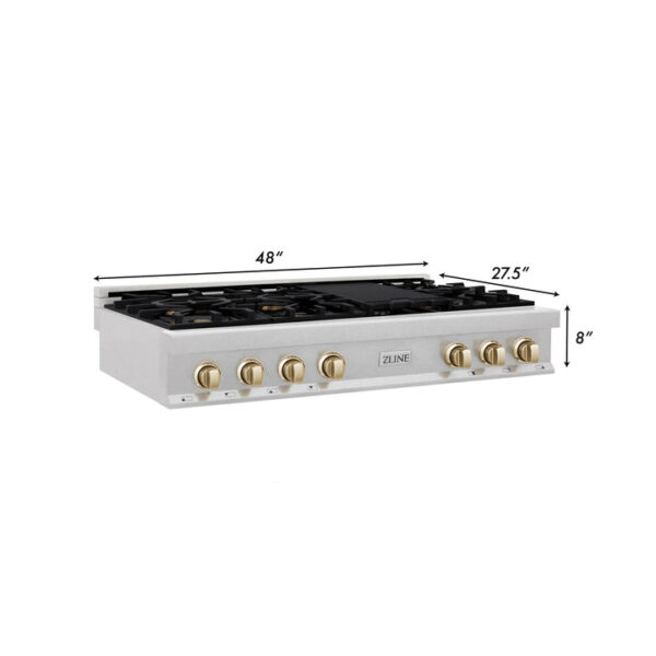 ZLINE Autograph Edition 48 in. Porcelain Rangetop with 7 Gas Burners in DuraSnow Stainless Steel and Polished Gold Accents (RTSZ-48-G) - Image 5