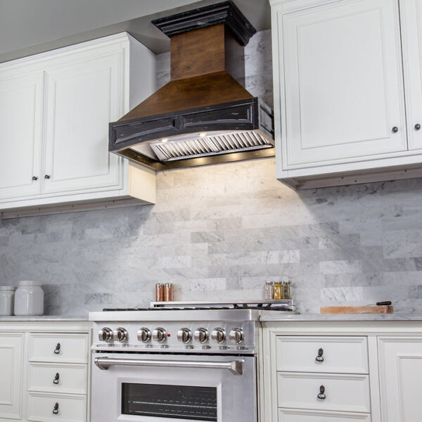 ZLINE 42 in. Wooden Wall Mount Range Hood in Antigua and Walnut - Includes Remote Motor (321AR-RS-42-400) - Image 4