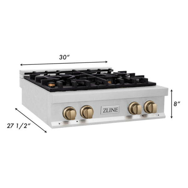 ZLINE Autograph Edition 30 in. Porcelain Rangetop with 4 Gas Burners in Stainless Steel and Champagne Bronze Accents (RTZ-30-CB) - Image 3